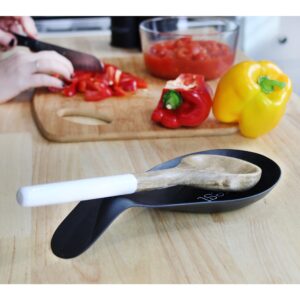 AuldHome Design Farmhouse Black Spoon Rest, Enamel Ceramic Spoon Holder in Vintage Style