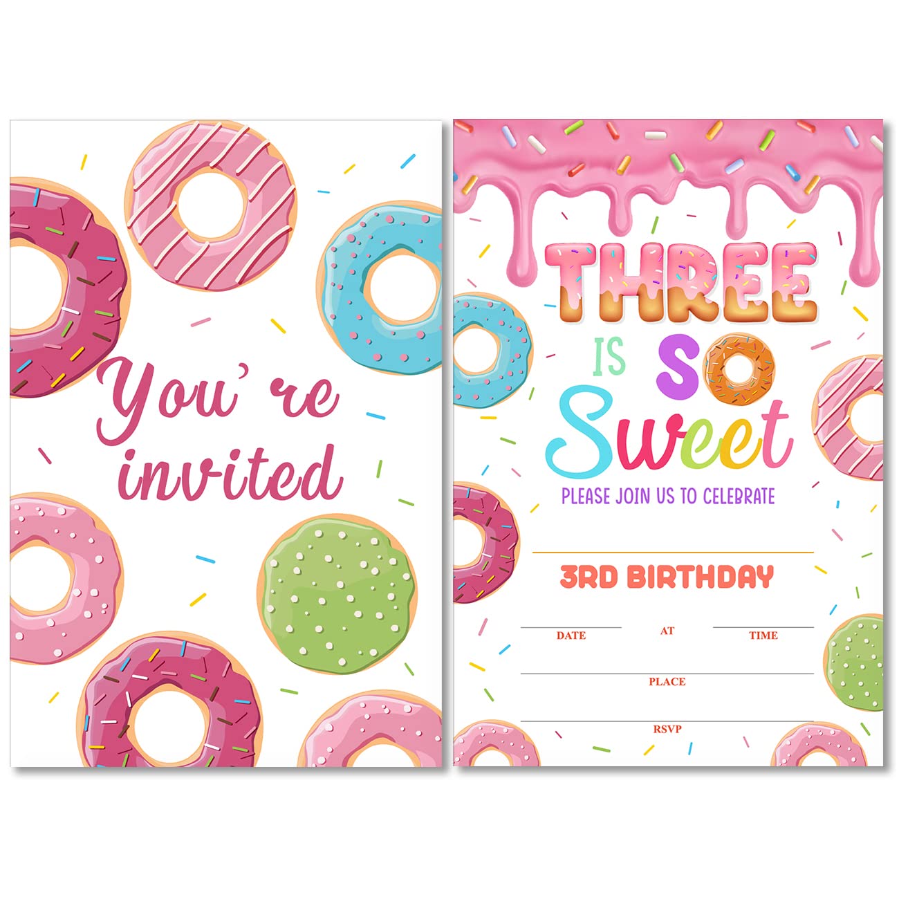 Cute Donut Three is Sweet 3rd Birthday Party Invitations with Envelopes Set of 20 Dessert Sweets Donut 3 Years Old Birthday Party Invites