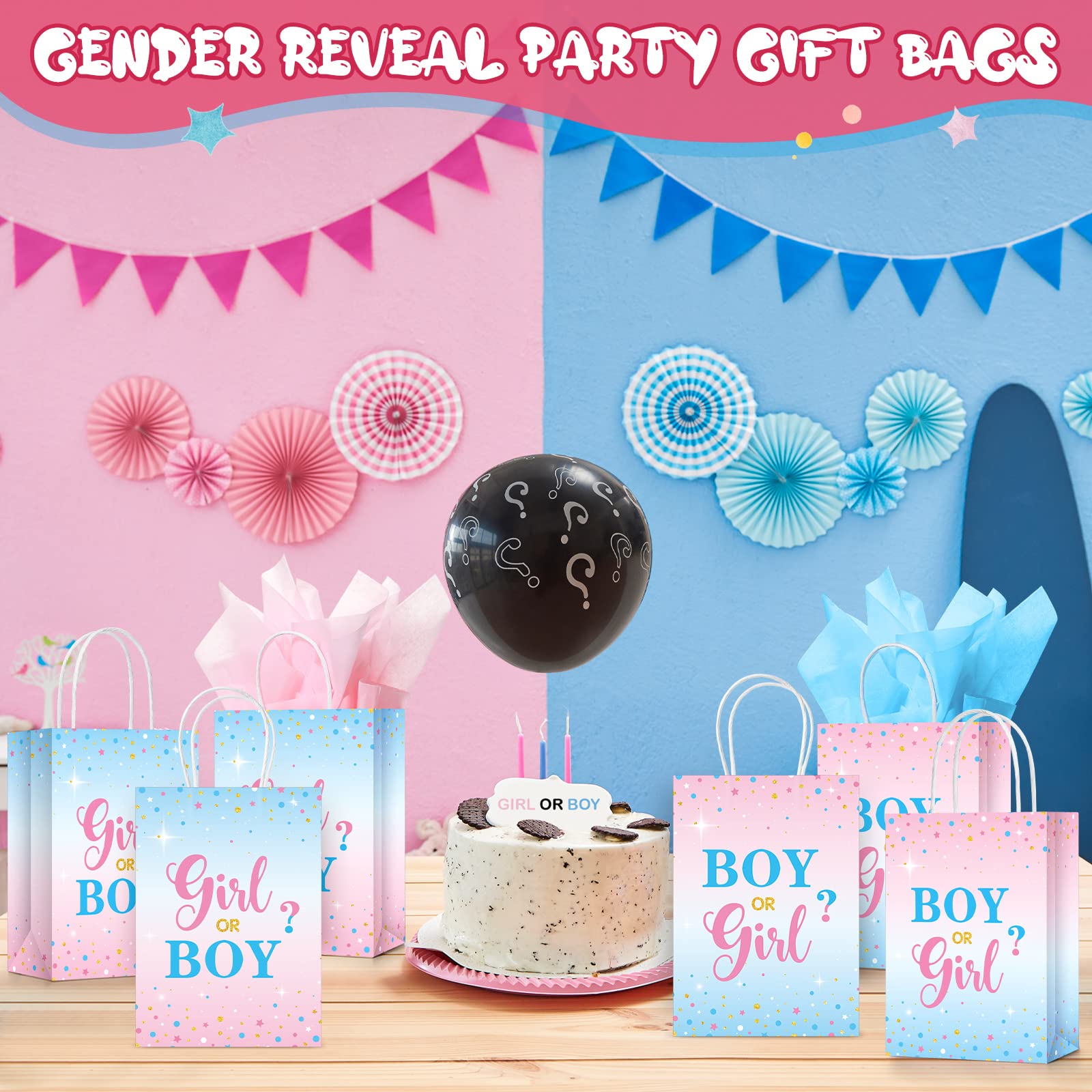 16 Set Gender Reveal Party Gift Bags with Tissue Paper Baby Shower Party Gift Bags, Pink Blue Treat Candy Bags Gender Reveal Paper Bags with Handles