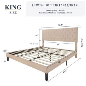 Allewie King Bed Frame with Adjustable Headboard/Diamond Stitched Button Tufted/Fabric Upholstered Platform Bed Frame/Wood Slat Support/No Box Spring Needed/Easy Assembly, Beige