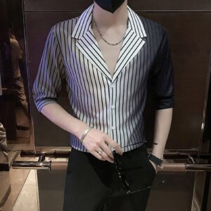 Men Striped Long Sleeve Button Down Shirts Lightweight Printed Slim Fit Shirts Classic Stylish Casual Business Shirt (Black,X-Large)