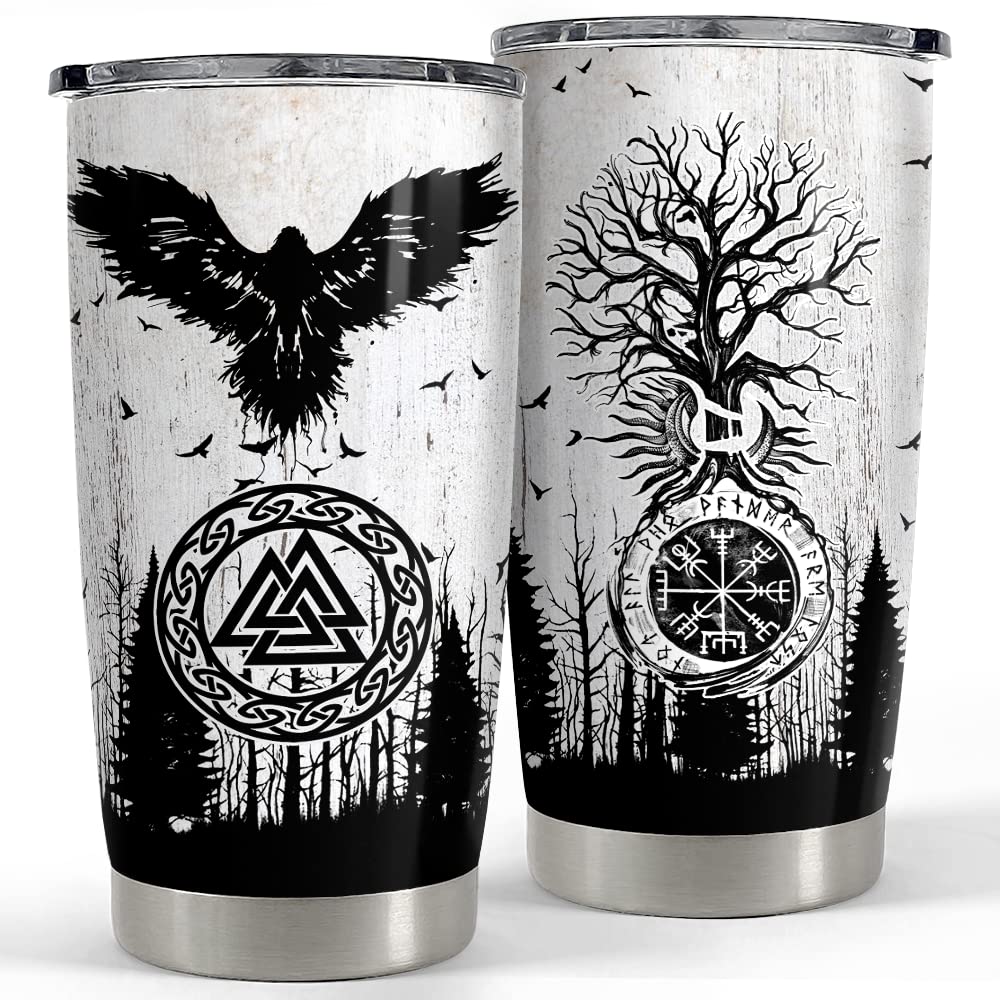 SANDJEST Viking Tumbler Raven Celtic 20oz Tumblers with Lid Gift for Men Dad Son Christmas Birthday