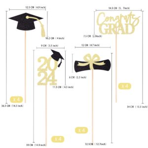 Gexolenu 16 PCS Gold and Black Double-Sided 2024 Graduation Centerpieces for Tables, 2024 Table Toppers Party Centerpiece Sticks Party Supplies, Graduation Party Decorations Class of 2024, Set of 4