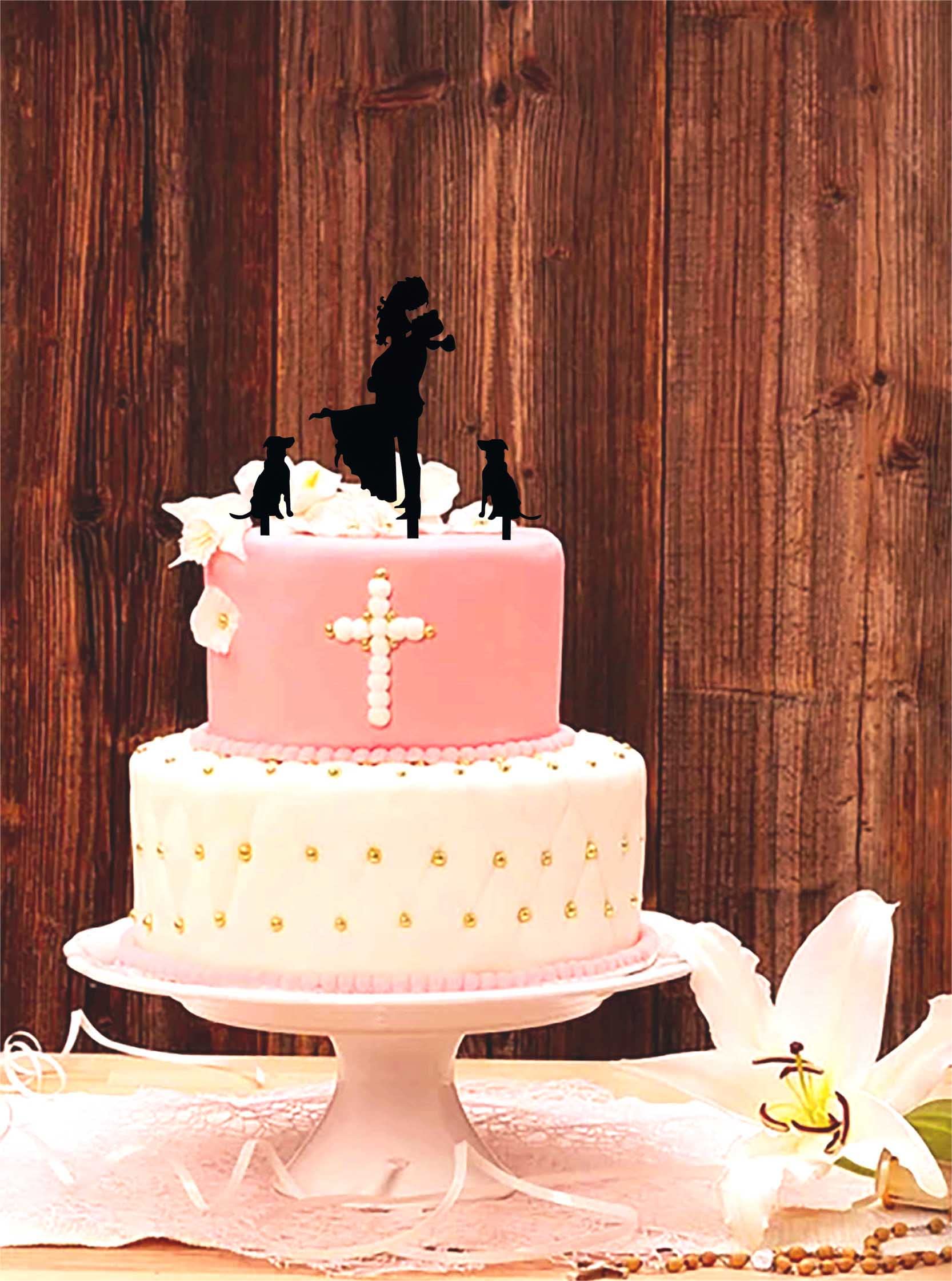 NSHYXXSPY Mr and Mrs Wedding/Engagement/Marriage Cake Topper - Bride Hold Groom with Flowers Besides Two Pet Dogs Silhouette Cake Decoration Supplies