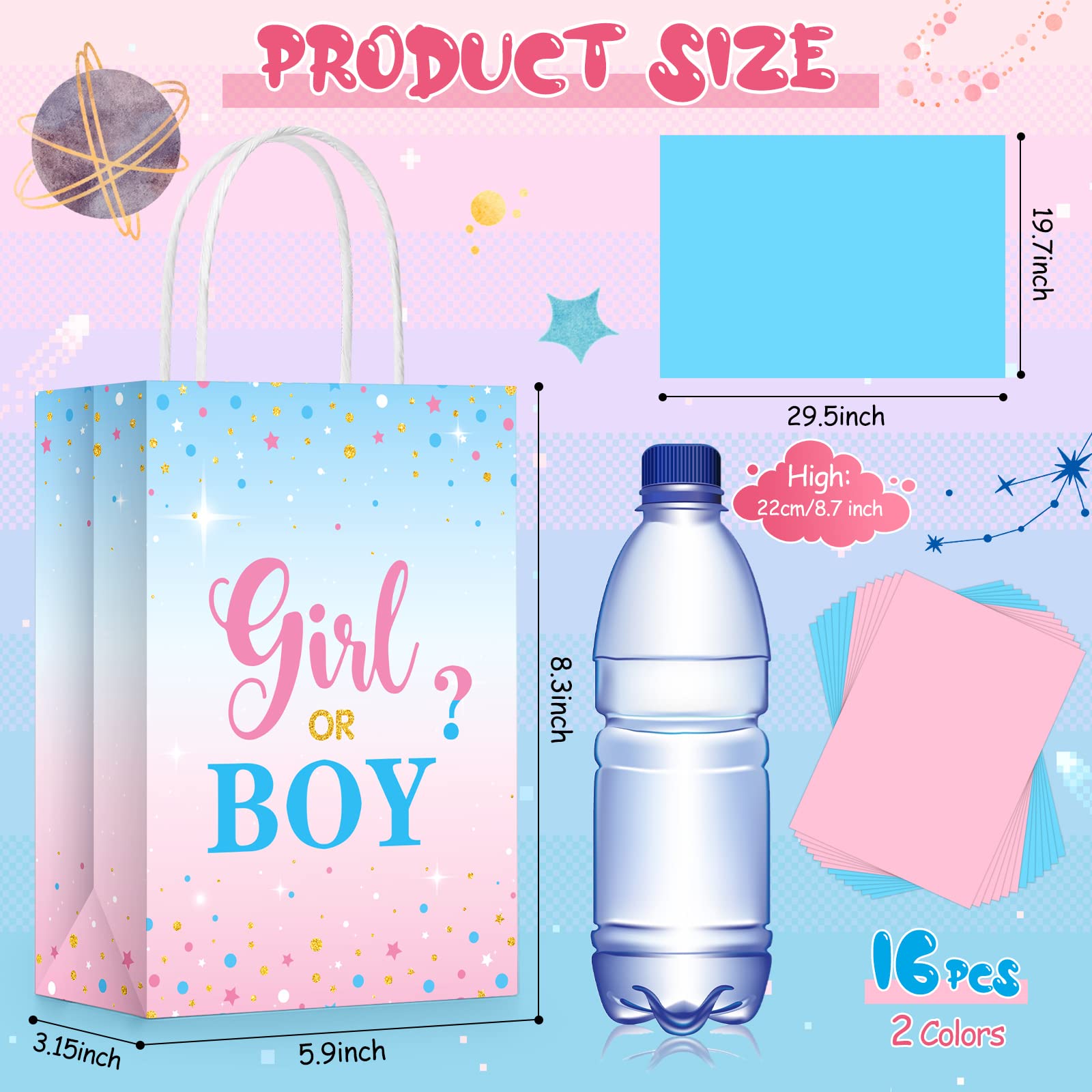 16 Set Gender Reveal Party Gift Bags with Tissue Paper Baby Shower Party Gift Bags, Pink Blue Treat Candy Bags Gender Reveal Paper Bags with Handles