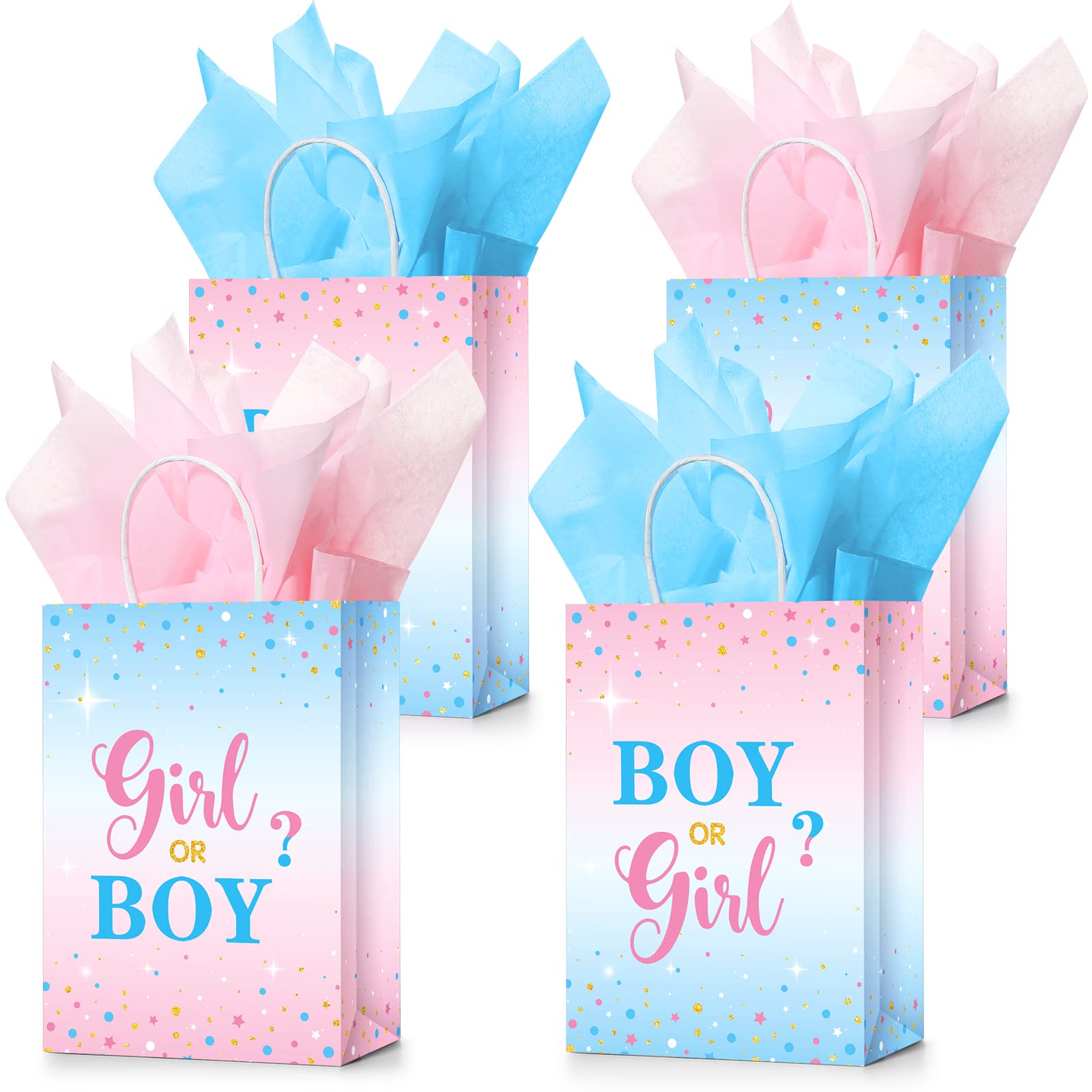 16 Set Gender Reveal Party Gift Bags with Tissue Paper Baby Shower Party Gift Bags, Pink Blue Treat Candy Bags Gender Reveal Paper Bags with Handles