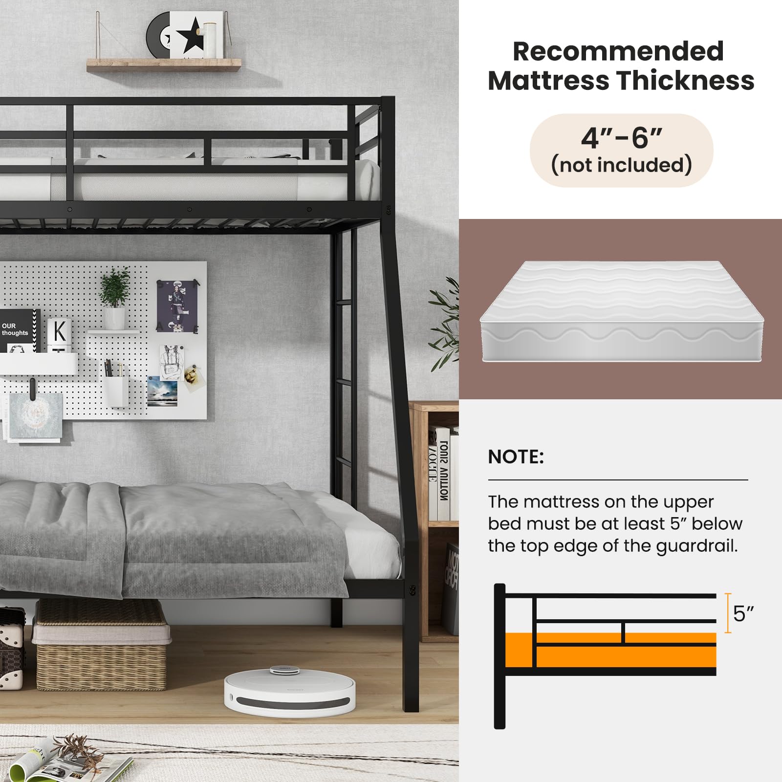 KOMFOTT Metal Twin Over Full Bunk Bed, Heavy Duty Bed Frame with Integrated Ladder, Full-Length Guardrails for Teens & Adults, Space-Saving Bunk Bed for Bedroom & Dorm, No Box Spring Required