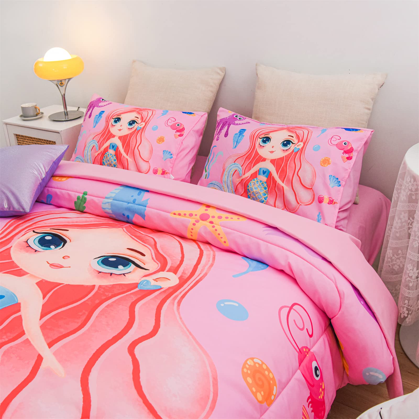 Aimuan Girls Tail Glitter Comforter Set for Women, Mermaid Fish Bedding Set 6Pcs in a Bag Pink Quilt Set for Girls Bedroom (Pink, Full 6Pcs)