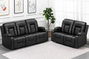 comhoma recline chair set，furniture 2pc bonded leather recliner set living room set, sofa, loveseat（black,living room set3+2）