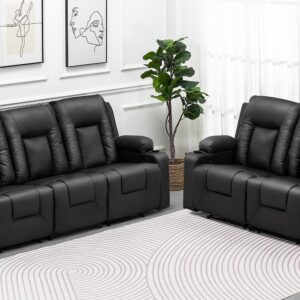 COMHOMA Recline Chair Set，Furniture 2PC Bonded Leather Recliner Set Living Room Set, Sofa, Loveseat（Black,Living Room Set3+2）