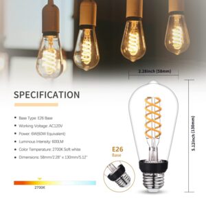 Austin Coast ST19/ST58 Vintage LED Edison Bulb,6W Warm White 2700K, Antique Flexible Spiral LED Filament Light Bulb,600Lm Dimmable with 80+ CRI, 6W Equivalent to 60W, E26 Base, Clear Glass 6 Pack