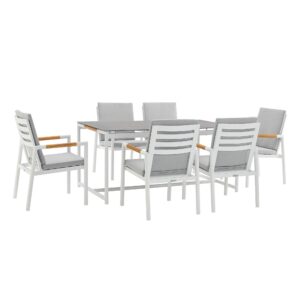 armen living royal 7 piece white aluminum and teak outdoor dining set with light gray fabric