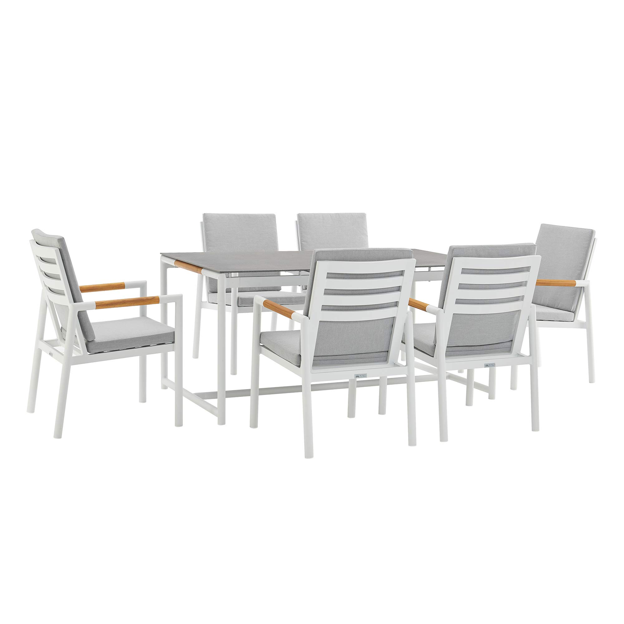 Armen Living Royal 7 Piece White Aluminum and Teak Outdoor Dining Set with Light Gray Fabric