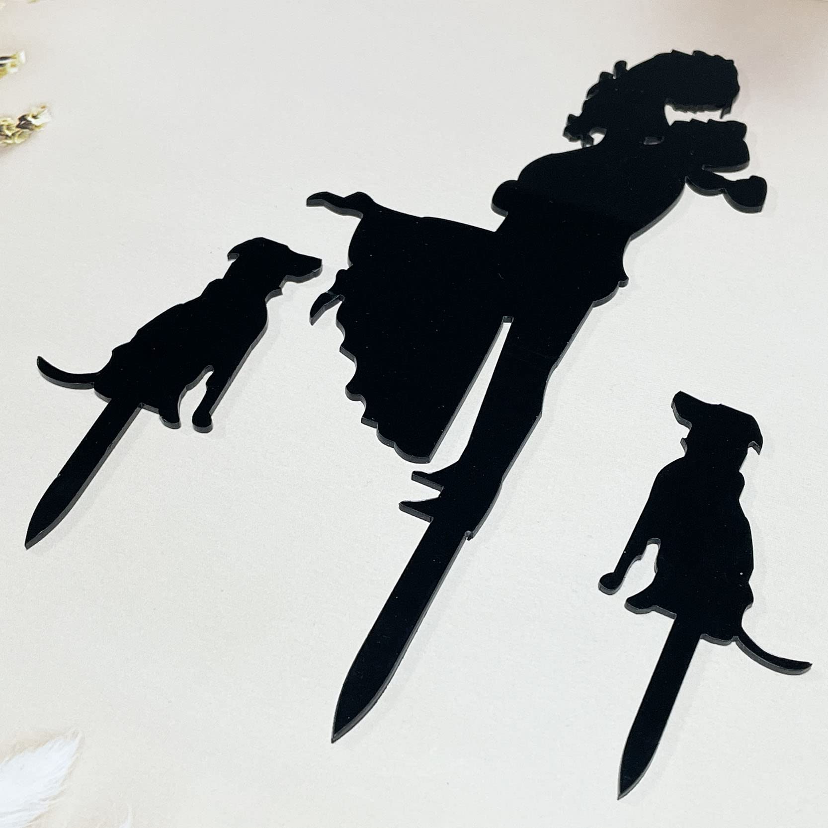 NSHYXXSPY Mr and Mrs Wedding/Engagement/Marriage Cake Topper - Bride Hold Groom with Flowers Besides Two Pet Dogs Silhouette Cake Decoration Supplies