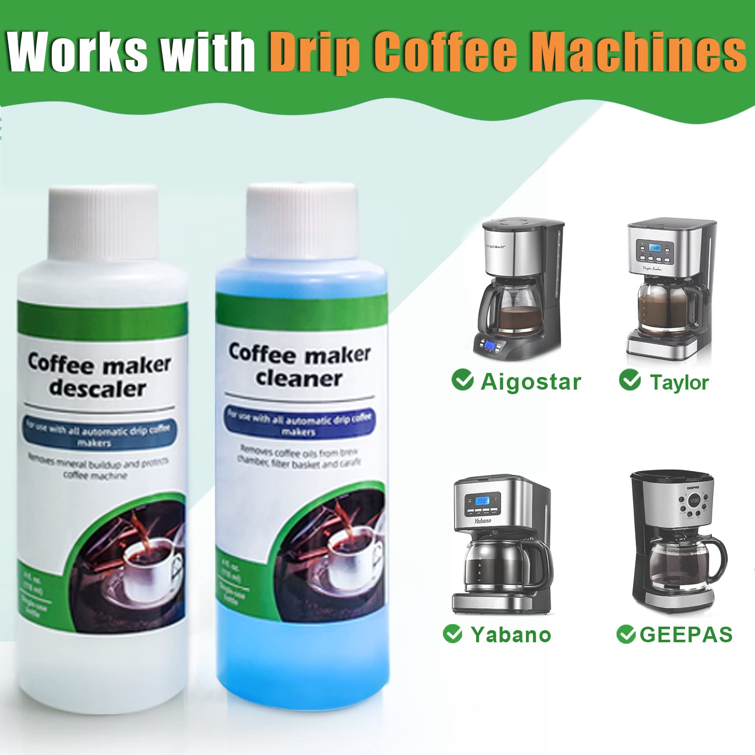 ZoneKing Coffee Maker Cleaner and Descaler Kit -2 Single Use Bottles -for All Drip Coffer Maker (Keurig, Mixpresso, Zwilling, etc.)