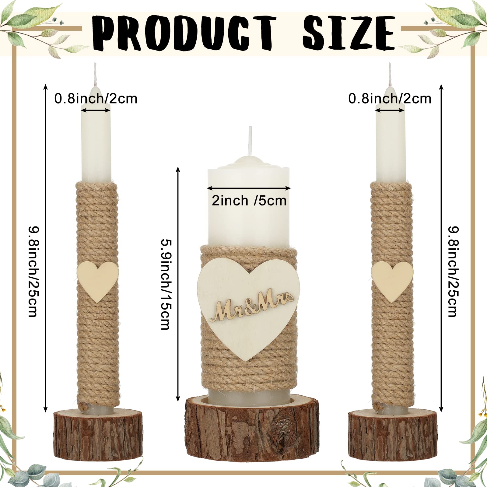 3 Pcs Rustic Unity Candles for Wedding Ceremony Set Mr and Mrs Burlap Wedding Candles 1(5.9'') Pillar 2(9.8'') Taper Candles for Weddings Ceremony Events Decor Emergency Lighting (Romantic Style)