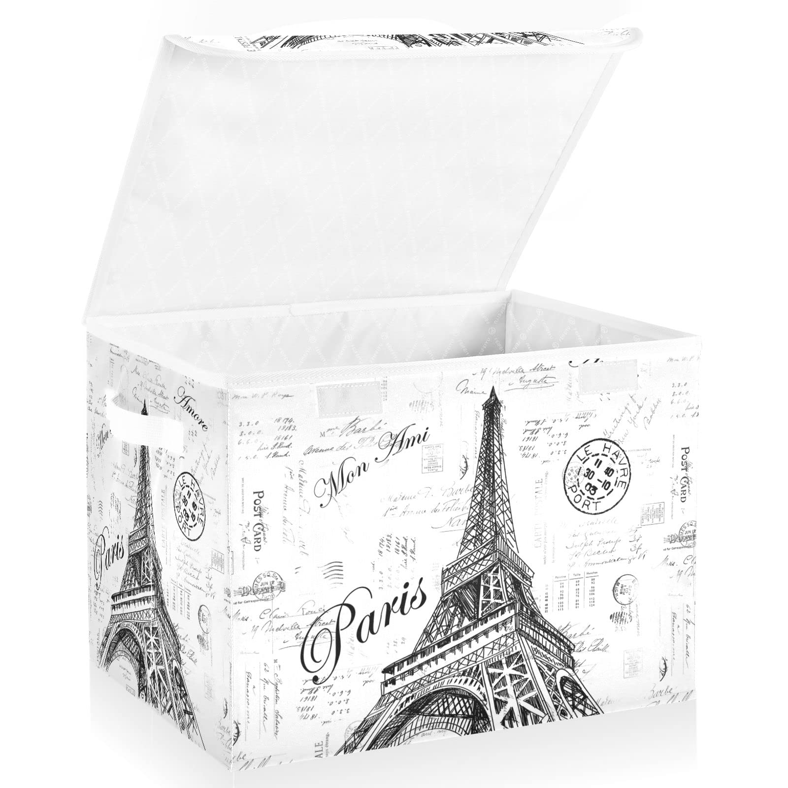 Kigai Paris Eiffel Tower Lidded Home Storage Bins, Foldable Storage Basket with Double Handle, Flip-Top Storage Box for Toys Clothes Documents