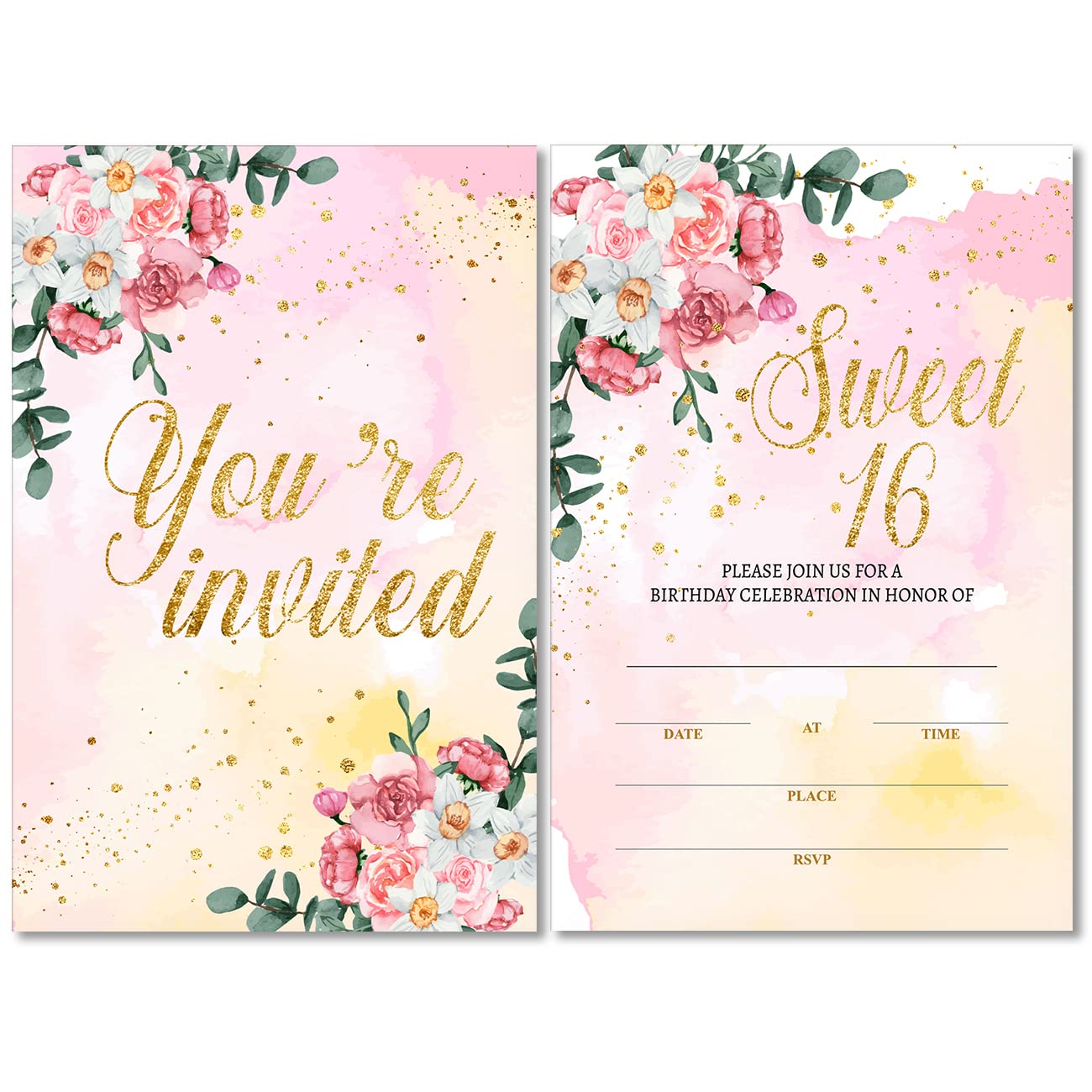 Floral Gold Foil Sweet Sixteen Birthday Party Invitations with Envelopes Set of 20 Gold Glitter Pink Flowers Sweet 16 16th Birthday Party Invites