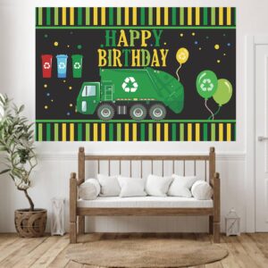 Garbage Truck Trash Trucks Happy Birthday Banner BackdropWaste Management Recycling Bin Theme Decor Decorations for 1st Birthday Party Baby Shower Supplies Favors Background Photo Booth Props Flag