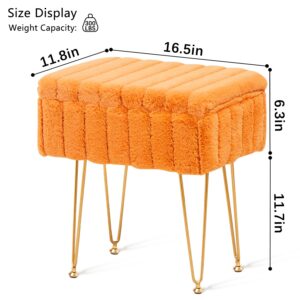 Wimarsbon Faux Mink Fur Storage Ottoman, Modern Soft Footstool, Storage Bench with Metal Legs, Vanity Seat, Fur Stool, Ottoman Coffee Table, Makeup Chair, Vanity Stools for Bedroom (Orange)