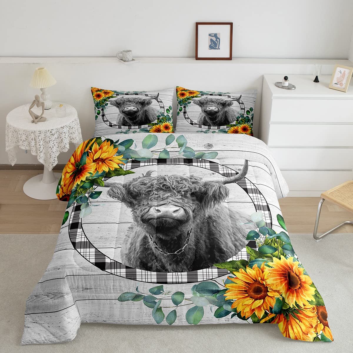 Sunfloral Highland Cow Bedding Set Grey Bull Cattle Comforter Set for Kids Boys Girls Teens Highland Cattle Comforter Funny Farmhouse Duvet Set 3Pcs Queen Size