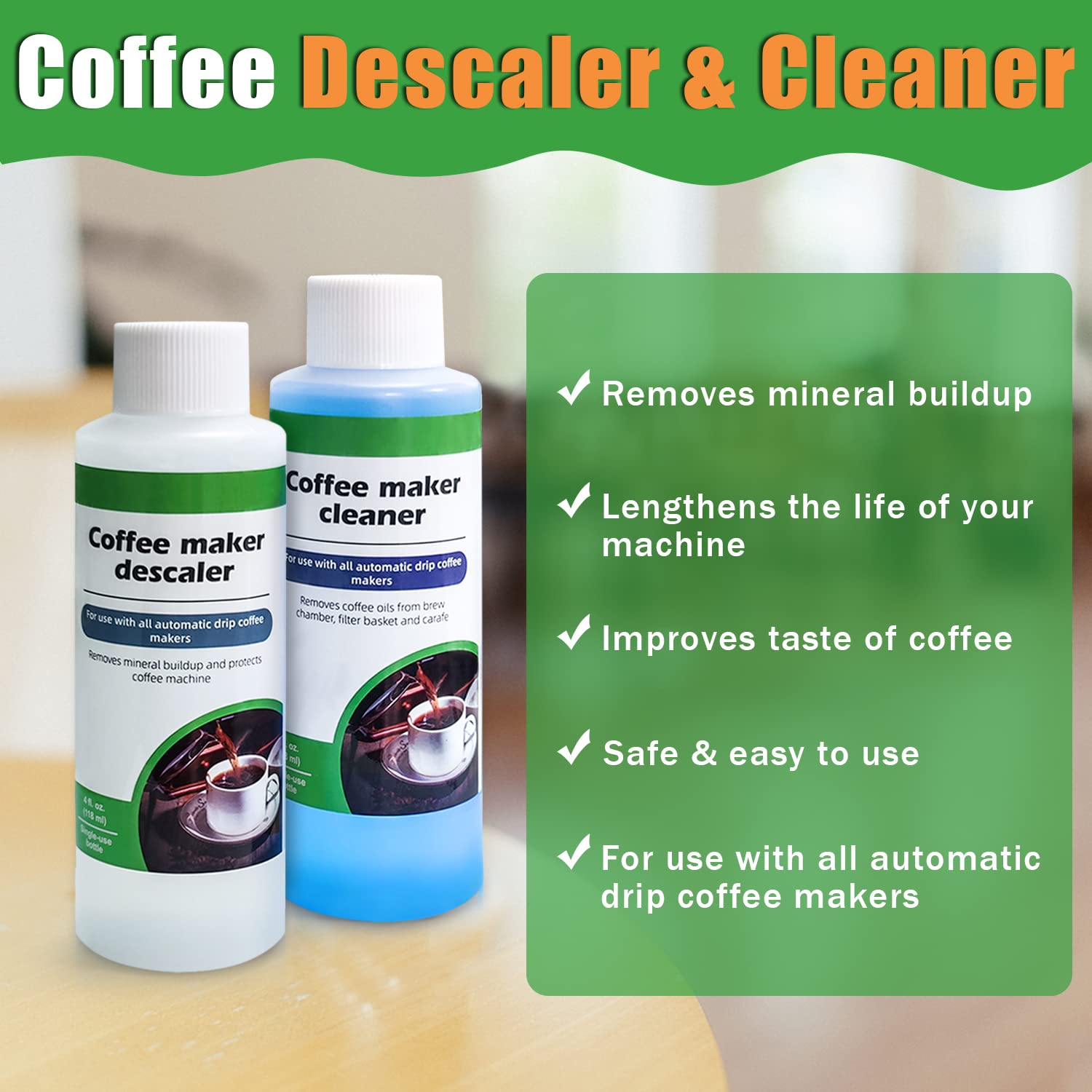 ZoneKing Coffee Maker Cleaner and Descaler Kit -2 Single Use Bottles -for All Drip Coffer Maker (Keurig, Mixpresso, Zwilling, etc.)