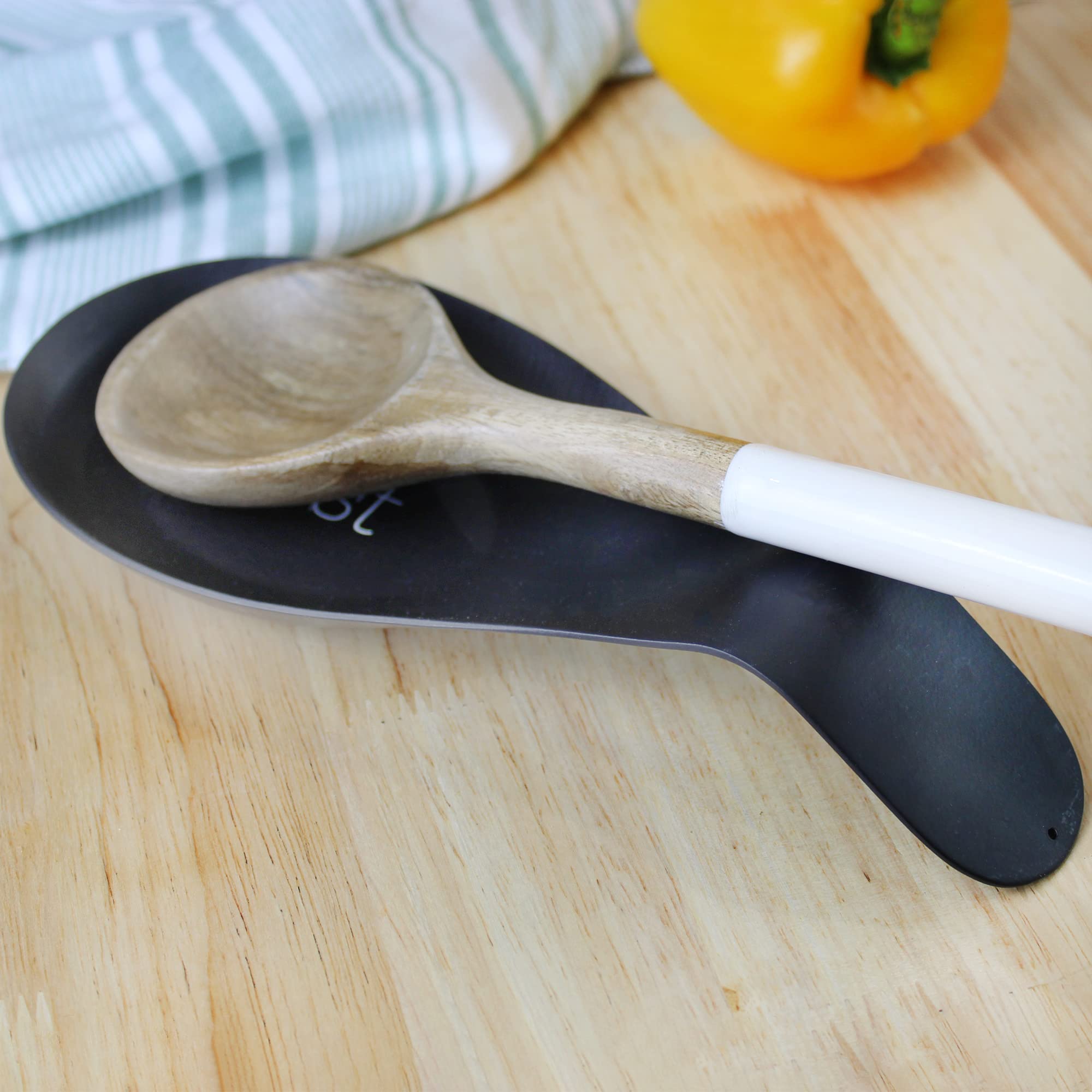 AuldHome Design Farmhouse Black Spoon Rest, Enamel Ceramic Spoon Holder in Vintage Style