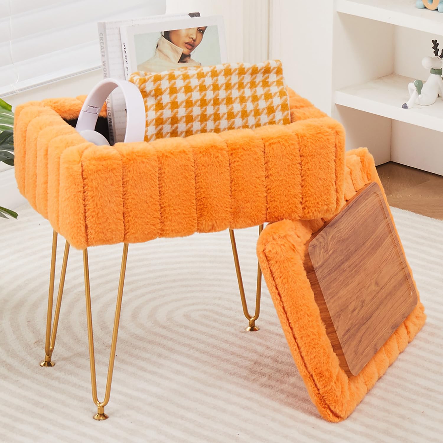 Wimarsbon Faux Mink Fur Storage Ottoman, Modern Soft Footstool, Storage Bench with Metal Legs, Vanity Seat, Fur Stool, Ottoman Coffee Table, Makeup Chair, Vanity Stools for Bedroom (Orange)