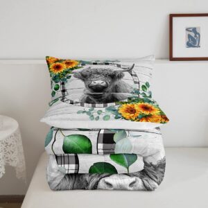 Sunfloral Highland Cow Bedding Set Grey Bull Cattle Comforter Set for Kids Boys Girls Teens Highland Cattle Comforter Funny Farmhouse Duvet Set 3Pcs Queen Size