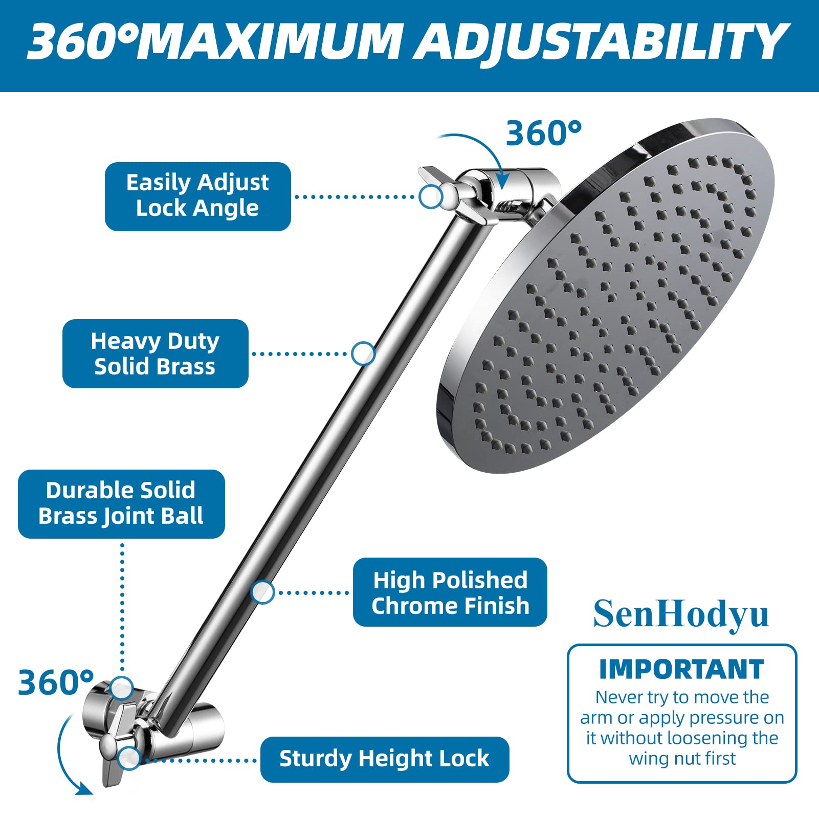 Adjustable Shower Head Extension Arm by SenHodyu - 16" Solid Brass Shower Arm Extension with Lock Joints, Universal Connection to Rain Shower Heads, Easy to Install (Luxury Polished Chrome)