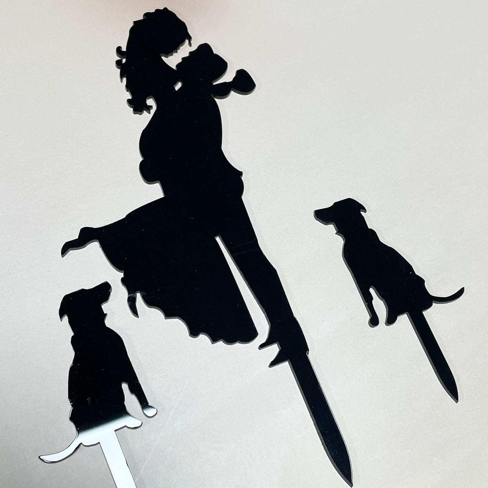 NSHYXXSPY Mr and Mrs Wedding/Engagement/Marriage Cake Topper - Bride Hold Groom with Flowers Besides Two Pet Dogs Silhouette Cake Decoration Supplies