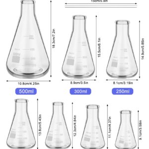 9 Pack Glass Erlenmeyer Flask Set with Glass Stirring Rod, 7 Sizes, 50ml, 100ml, 150ml, 200ml, 250ml, 300ml, 500ml, Borosilicate Glass Erlenmeyer Flasks with Printed Graduation for Lab Chemistry