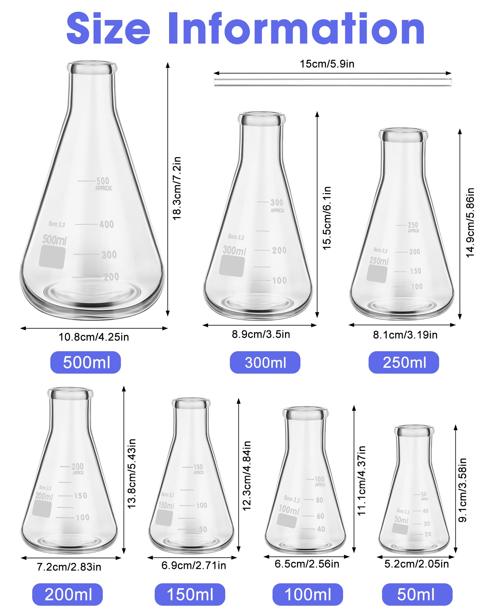 9 Pack Glass Erlenmeyer Flask Set with Glass Stirring Rod, 7 Sizes, 50ml, 100ml, 150ml, 200ml, 250ml, 300ml, 500ml, Borosilicate Glass Erlenmeyer Flasks with Printed Graduation for Lab Chemistry