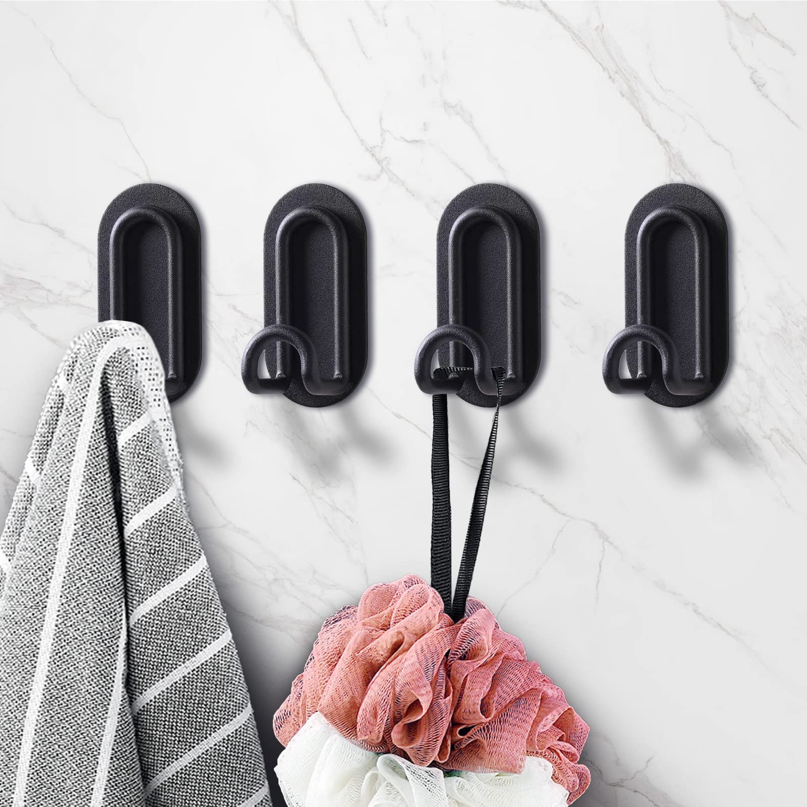 XZHXFXAdhesive Hooks,Matte Black Towel Hook,Sticky Hanger for Kitchen and Door,Bathroom Wall Hooks for Hanging Towel Robe Hat Coat Key,4Packs (Black)