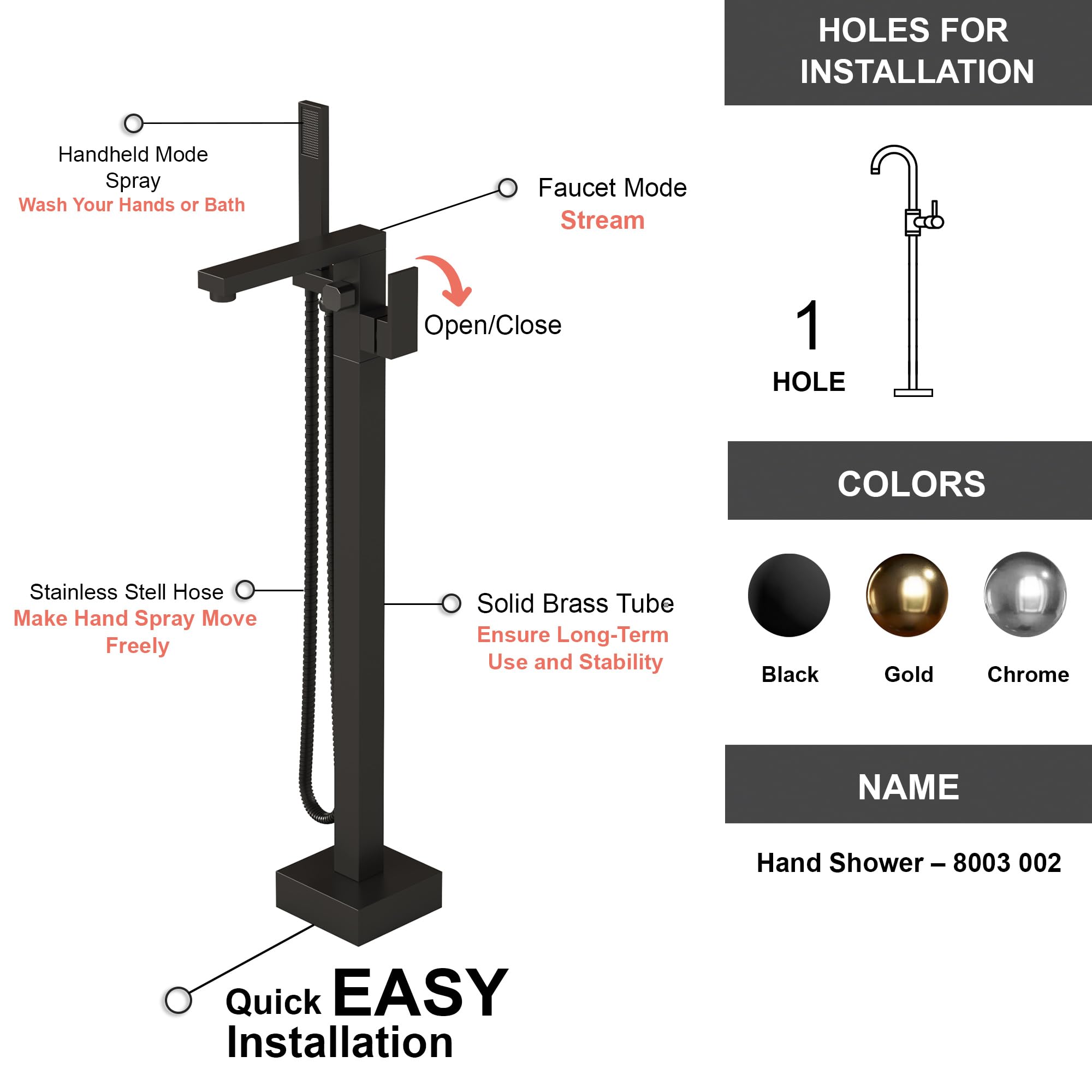 Dowell Freestanding Bathtub Faucet Floor Mounted Brass Bathroom Tub Faucets with Hand Shower,Black-8003 002 10