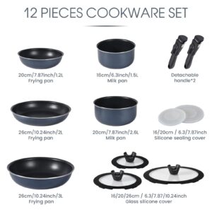 Motase 12pcs Pots and Pans Set, Nonstick Cookware Sets Detachable Handle, Induction Kitchen Cookware Set Non Stick with Removable Handle, RV Cookware Set, Oven Safe, Blue