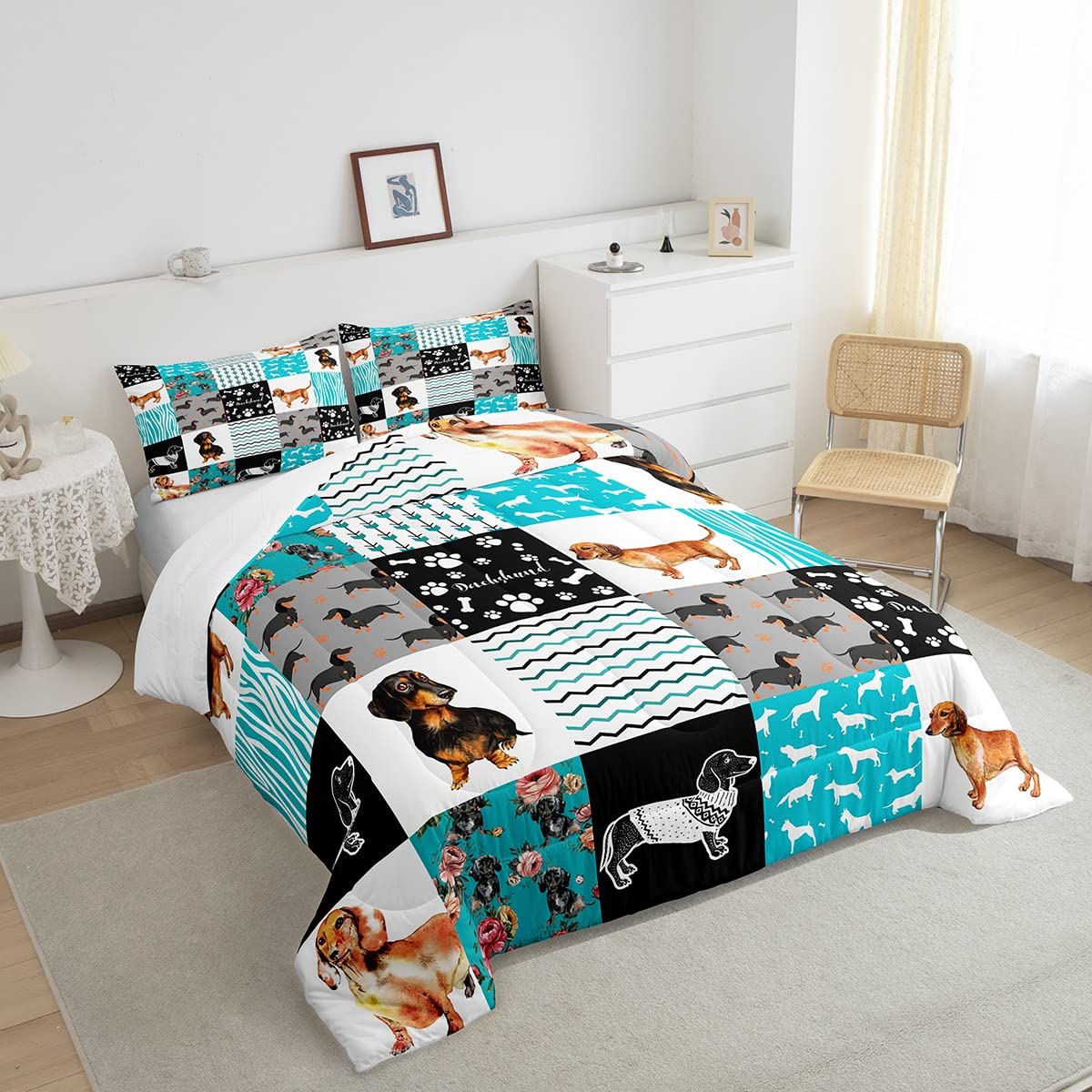 Cute Dachshund Comforter Set for Kids Boys Girls,Lovely Puppy Pet Bedding Twin Size,Kawaii Dog Paw Quilt for Dog Lover,Farmhouse Flower Animal Duvet Insert with 1 Pillowcase Home Room Decor