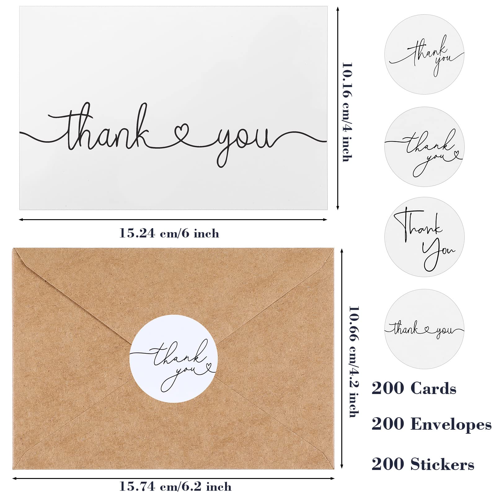 Teling 200 Set Thank You Cards Bulk Blank Thank U Greeting Notes with Matching Brown Kraft Envelopes and Stickers Thank You Greeting Card Set for Wedding Birthday Baby Shower 6 x 4 Inch (White)