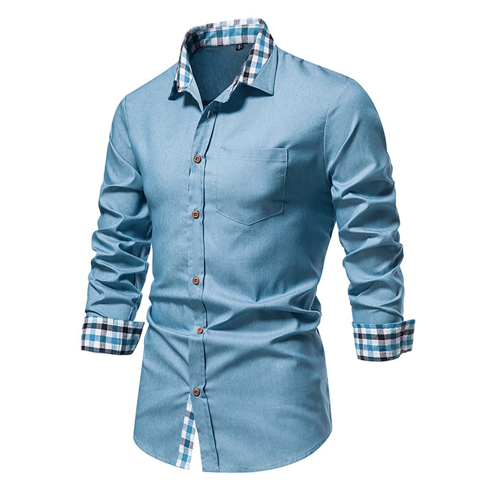 Men Long Sleeve Stylish Patchwork Shirts Slim Fit Casual Button Down Denim Shirt Turn-Down Collar Dress Shirt Top (Light Blue,X-Large)