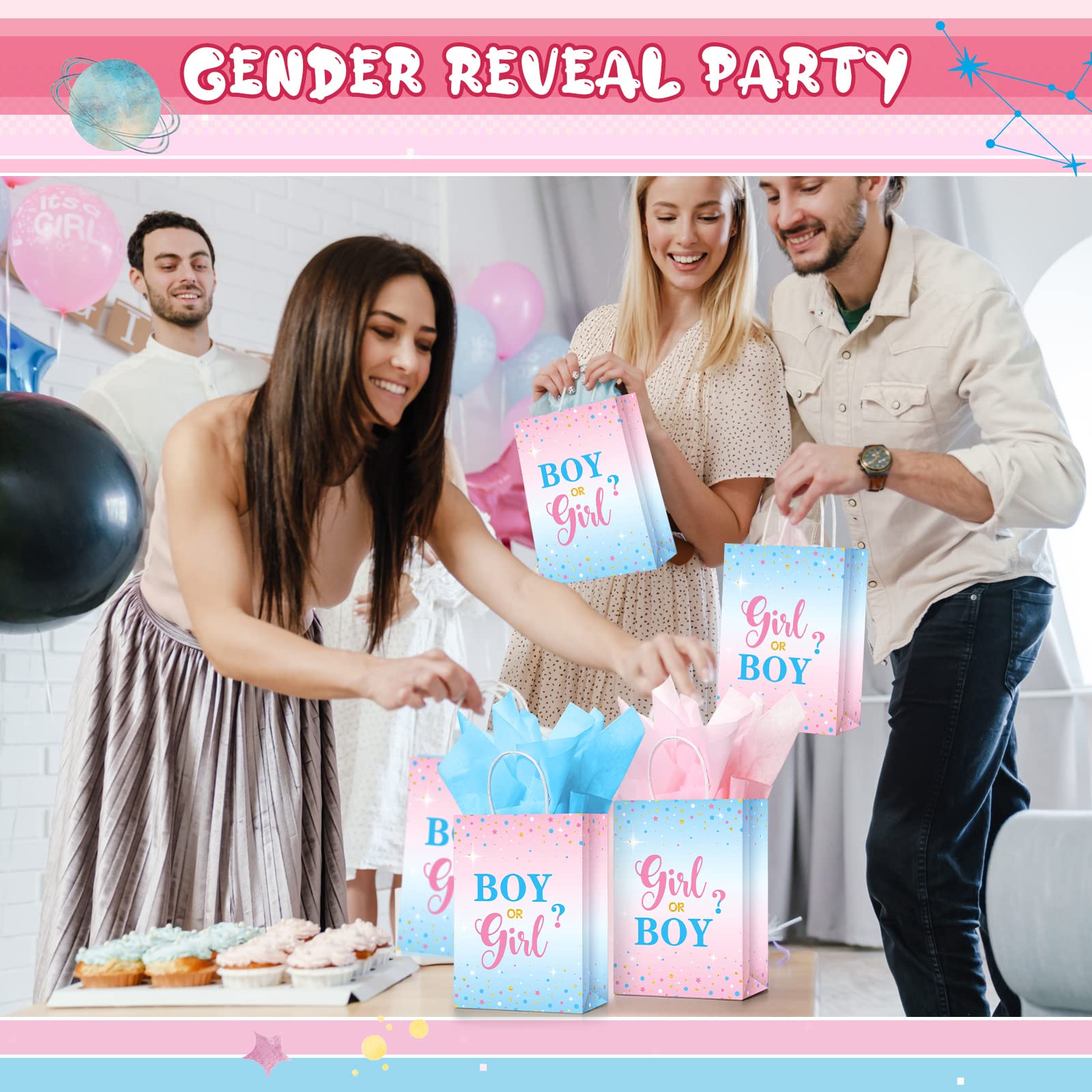 16 Set Gender Reveal Party Gift Bags with Tissue Paper Baby Shower Party Gift Bags, Pink Blue Treat Candy Bags Gender Reveal Paper Bags with Handles