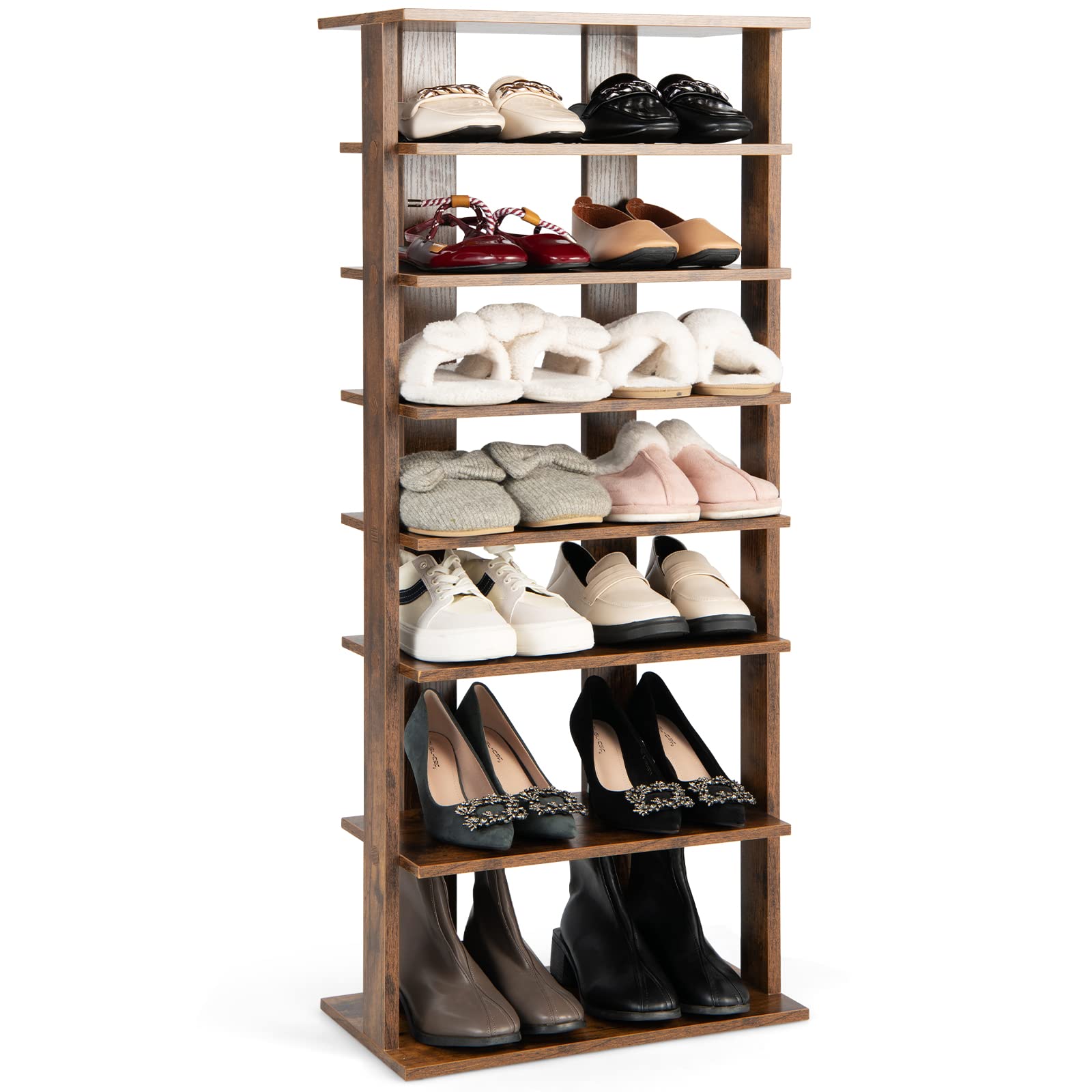 Giantex 8-Tier Wooden Shoe Rack, Patented Double Row Shoe Organizer for 16 Pairs, Customizable Height, Space-Saving Shoe Storage Stand for Entryway, Hallway, Living Room, Bedroom (Brown, Double)