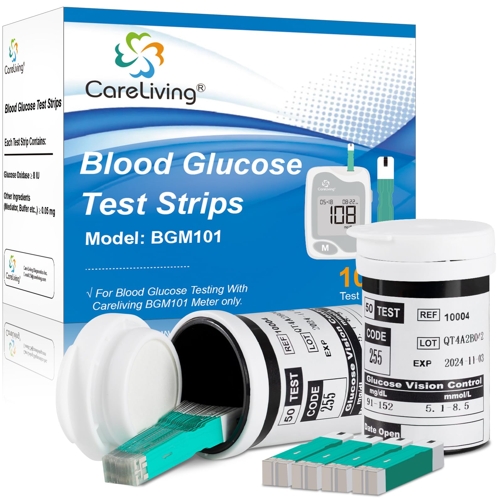 CareLiving BGM101 Blood Glucose Test Strips, for Diabete Sugar Testing, 100 Count