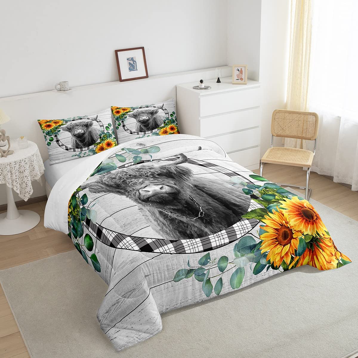 Sunfloral Highland Cow Bedding Set Grey Bull Cattle Comforter Set for Kids Boys Girls Teens Highland Cattle Comforter Funny Farmhouse Duvet Set 3Pcs Queen Size