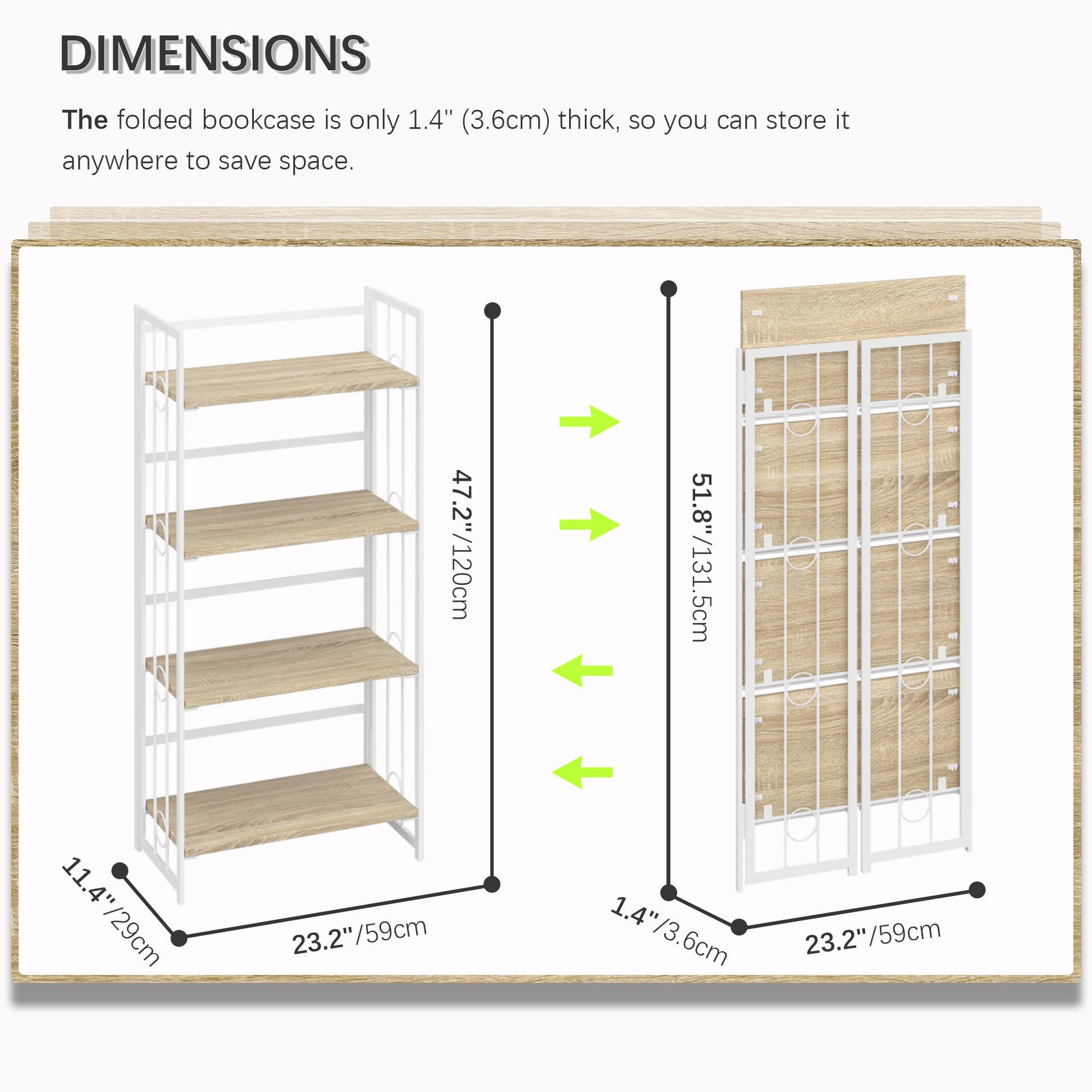 4NM No-Assembly 4 Tiers Folding Bookshelf Storage Shelves Vintage Bookcase Standing Racks Study Organizer Home Office - Natural and White