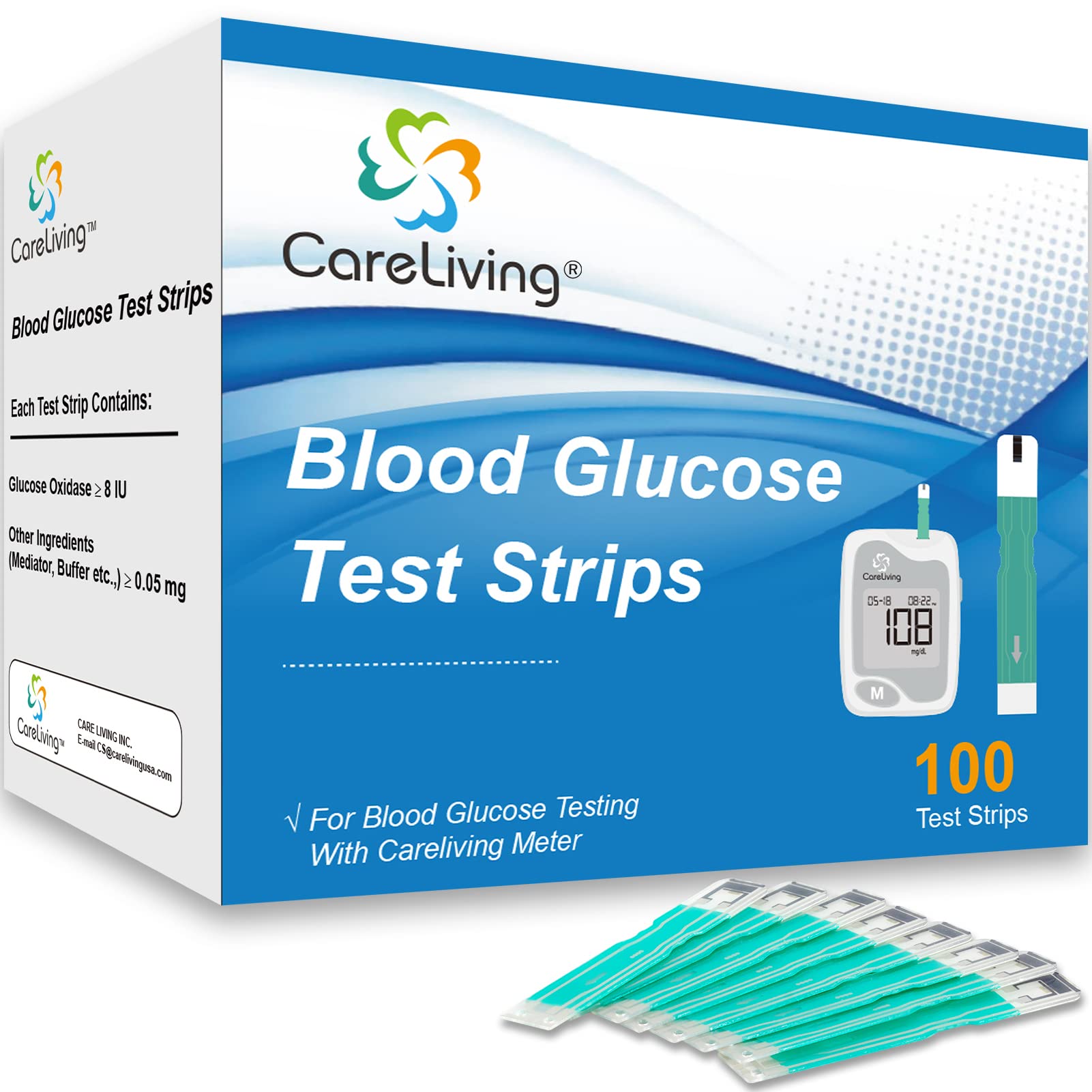 CareLiving BGM101 Blood Glucose Test Strips, for Diabete Sugar Testing, 100 Count