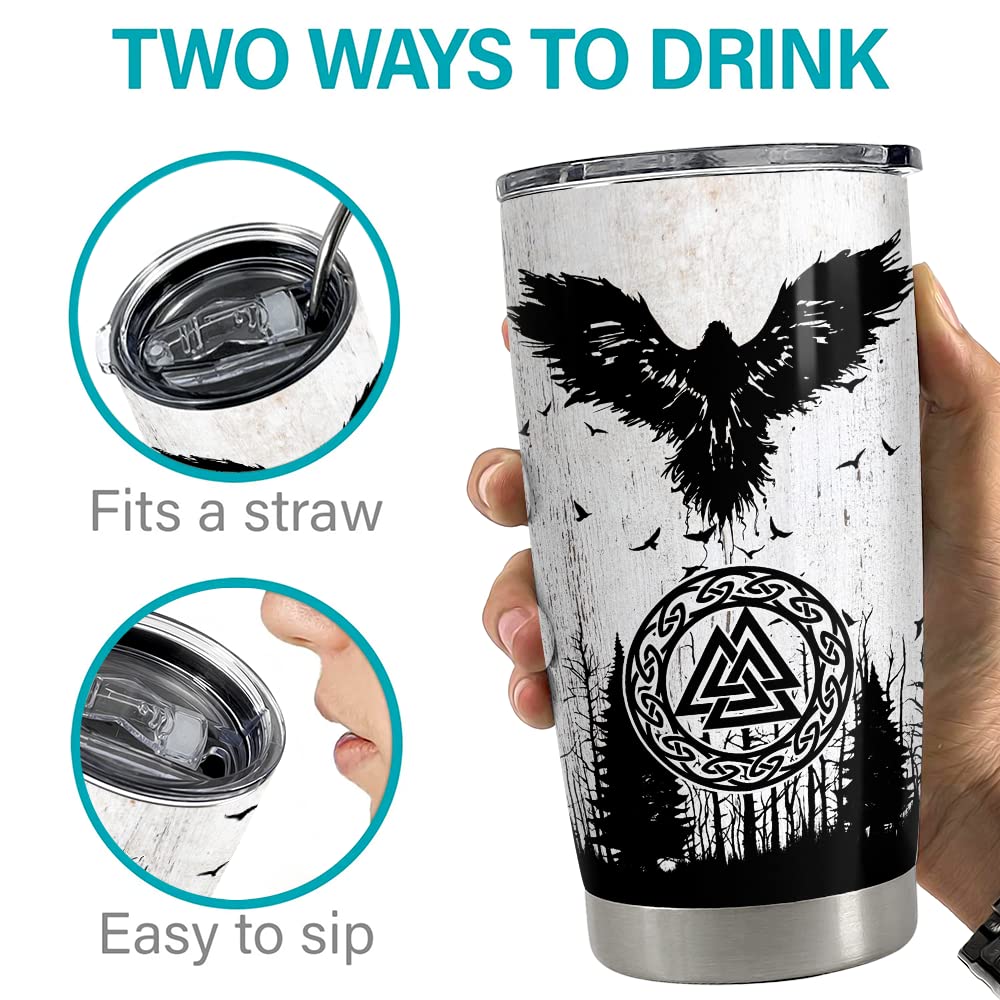 SANDJEST Viking Tumbler Raven Celtic 20oz Tumblers with Lid Gift for Men Dad Son Christmas Birthday