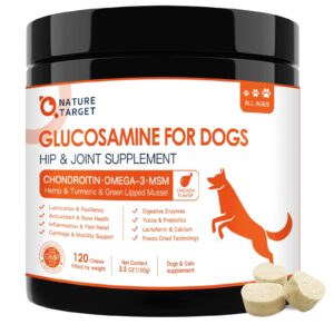 glucosamine for dogs, joint supplement for dogs, chondroitin, omega-3, msm, hemp, turmeric for pain relief, dog joint supplement with calcium for bone health, 120 chicken flavored crunchy chews