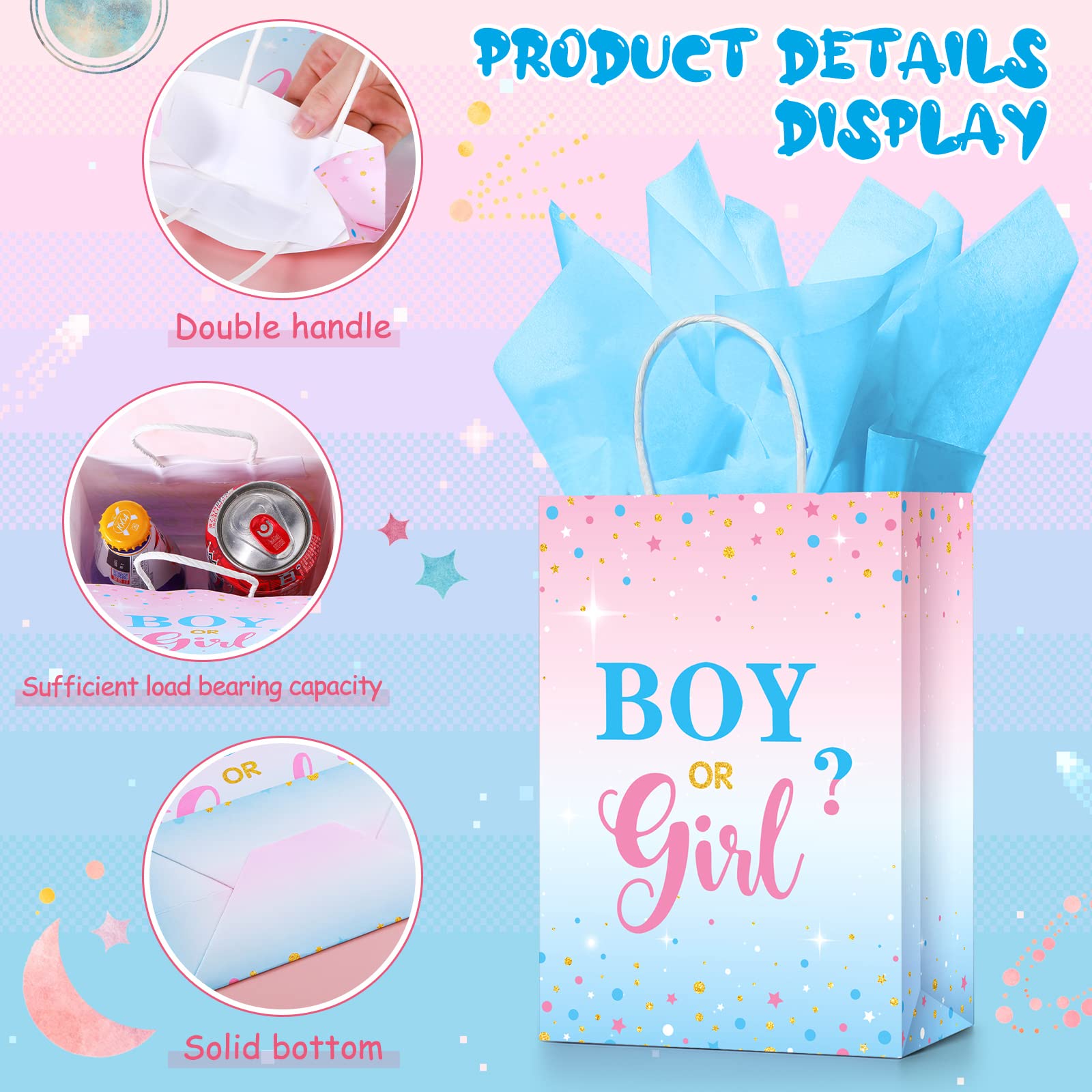 16 Set Gender Reveal Party Gift Bags with Tissue Paper Baby Shower Party Gift Bags, Pink Blue Treat Candy Bags Gender Reveal Paper Bags with Handles