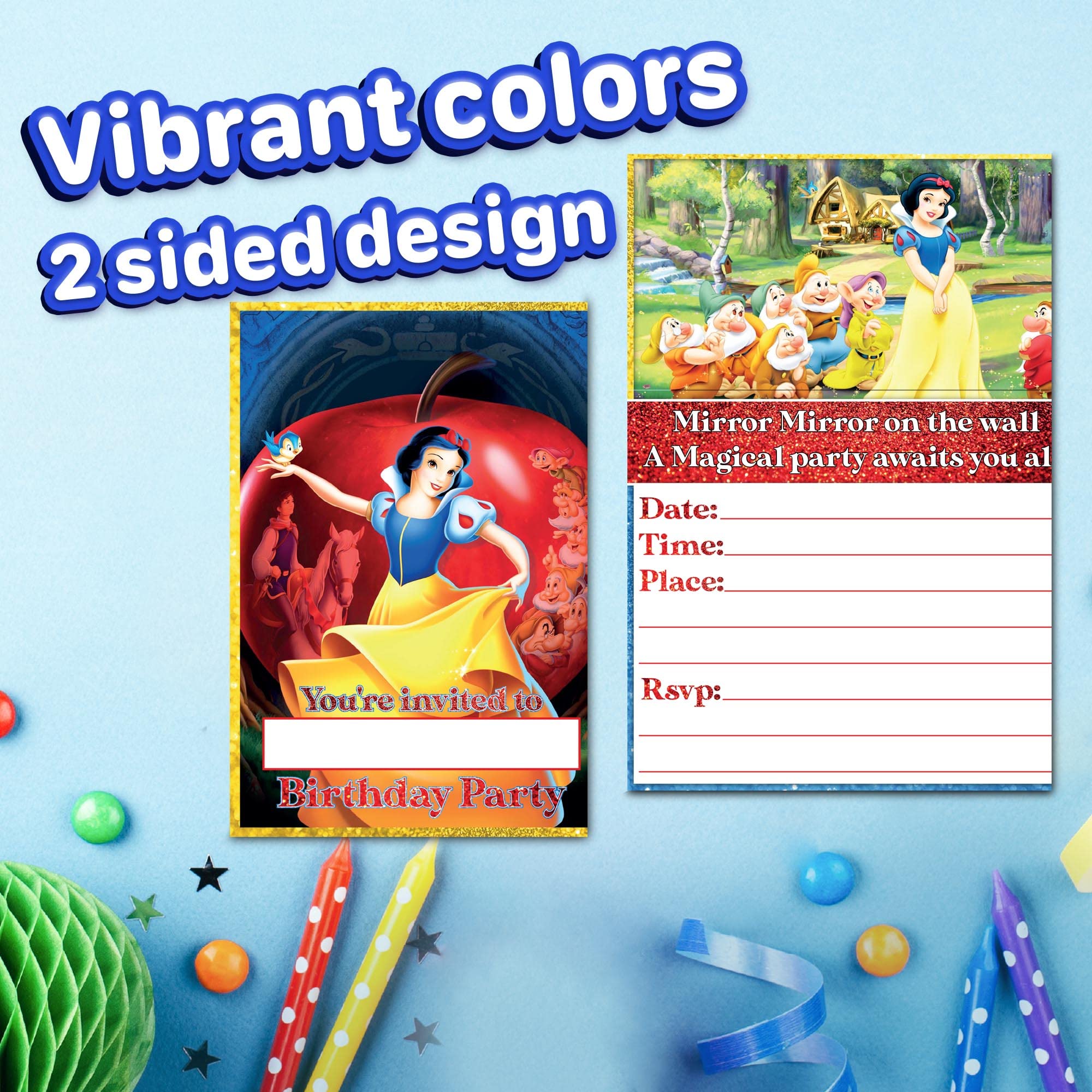 Set of 20 Snow White -Themed Happy Birthday Invitation Cards & Envelopes - Lightweight (240g), Postcard Style Invites for the Perfect Party Pack