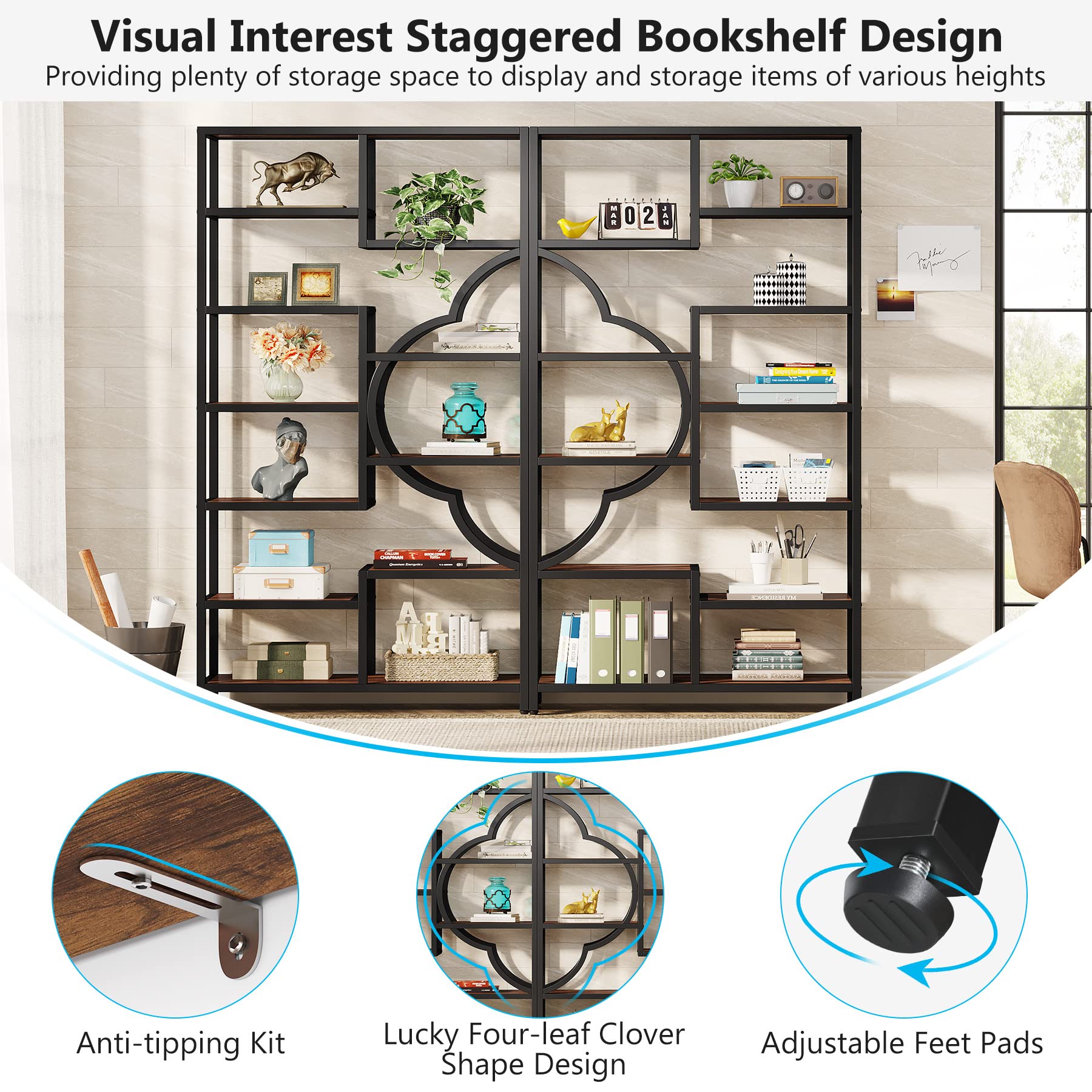 Tribesigns Bookshelf Set of 2, Large Bookcase with Unique Four Leaf Clover Shape Design, Industrial Etagere Display Shelves for Home & Office